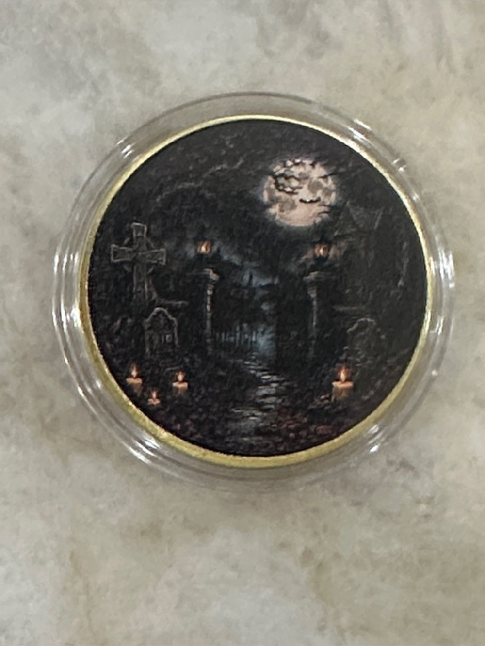 Gothic Moonlit Cemetery Decorative Coin - Black & Gold